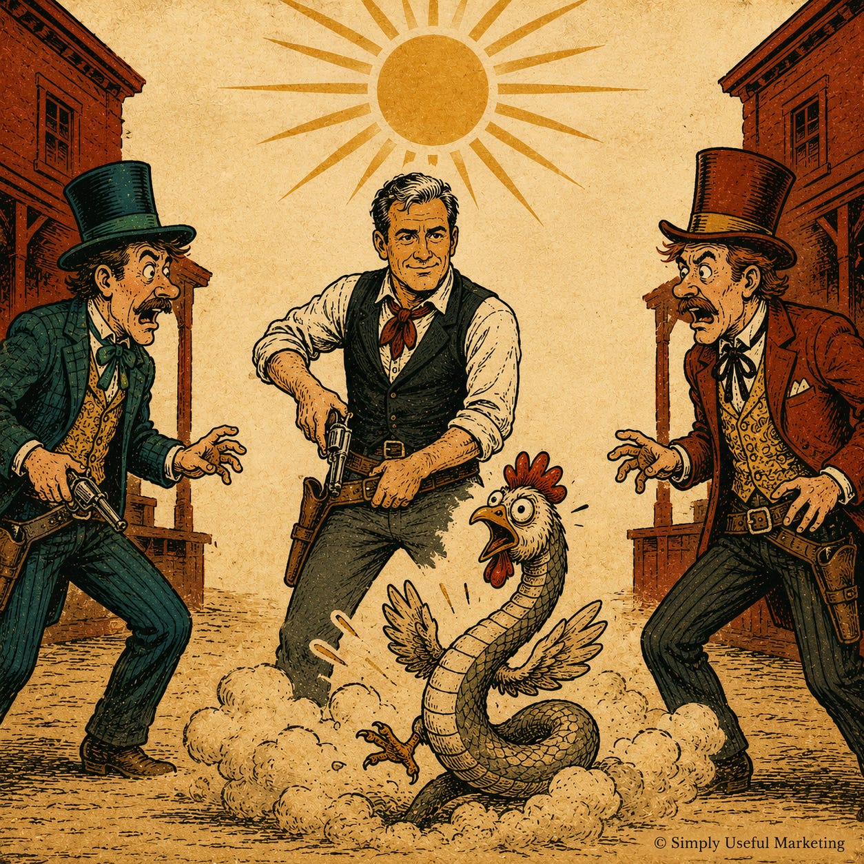 A vintage Guinness-inspired poster shows a calm, centered gunslinger drawing one revolver with steady focus while two flashy, nervous Old West marketers reach for their guns from either side. In the foreground, a wide-eyed cobra-chicken with a snake body, chicken head, wings, and tiny legs bursts from a cloud of dust. The warm cream, rust, teal, and smoky gray palette gives the scene a worn mid-century advertising feel.