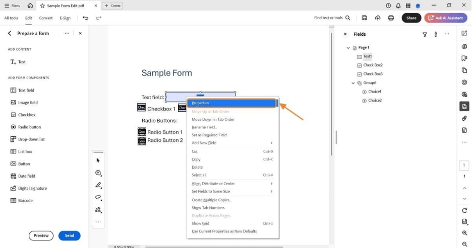 Screenshot of Adobe Acrobat Pro showing the “Prepare Form” workspace. The user right-clicks a text field and selects Properties from the dropdown menu, highlighted with an orange arrow.