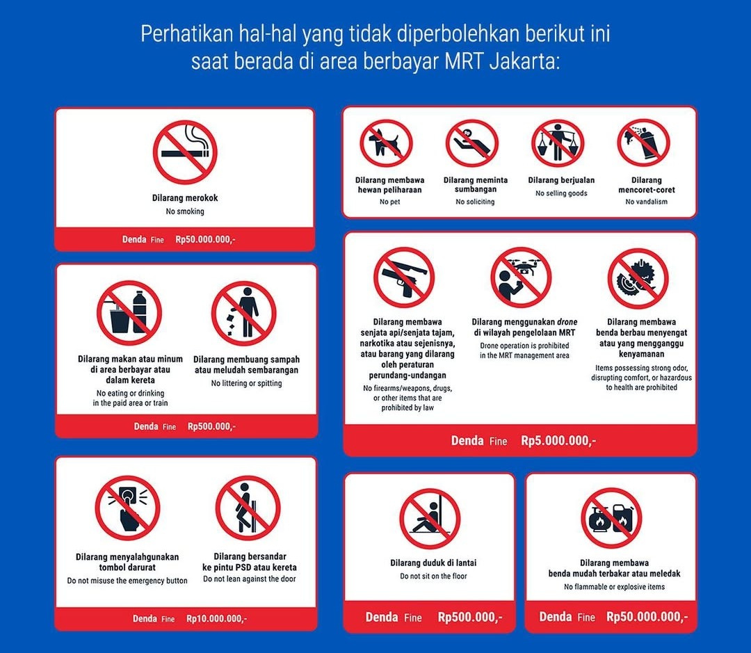 A warning sticker on the glass of a Jakarta MRT facility displaying crossed-out icons of a street vendor and a person busking, with Indonesian text prohibiting these activities.