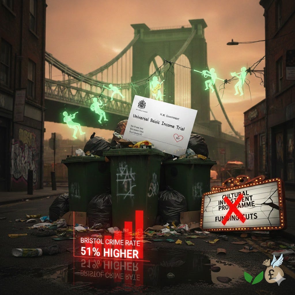 The "Green Utopia" is looking a little grey. 🏚️🍃  In Bristol, the gap between policy ambition and street-level reality is widening. While the city trials Universal Basic Income, our cultural foundations are being chipped away by funding cuts, and local crime rates continue to climb. 📈  Is this a transition period, or is the "Green" dream failing to account for the basics of urban safety and artistic soul?  What do you see when you look at this?  A necessary evolution?  A cautionary tale of misplaced priorities?  The inevitable result of local government austerity? https://bit.ly/4jLXJpw