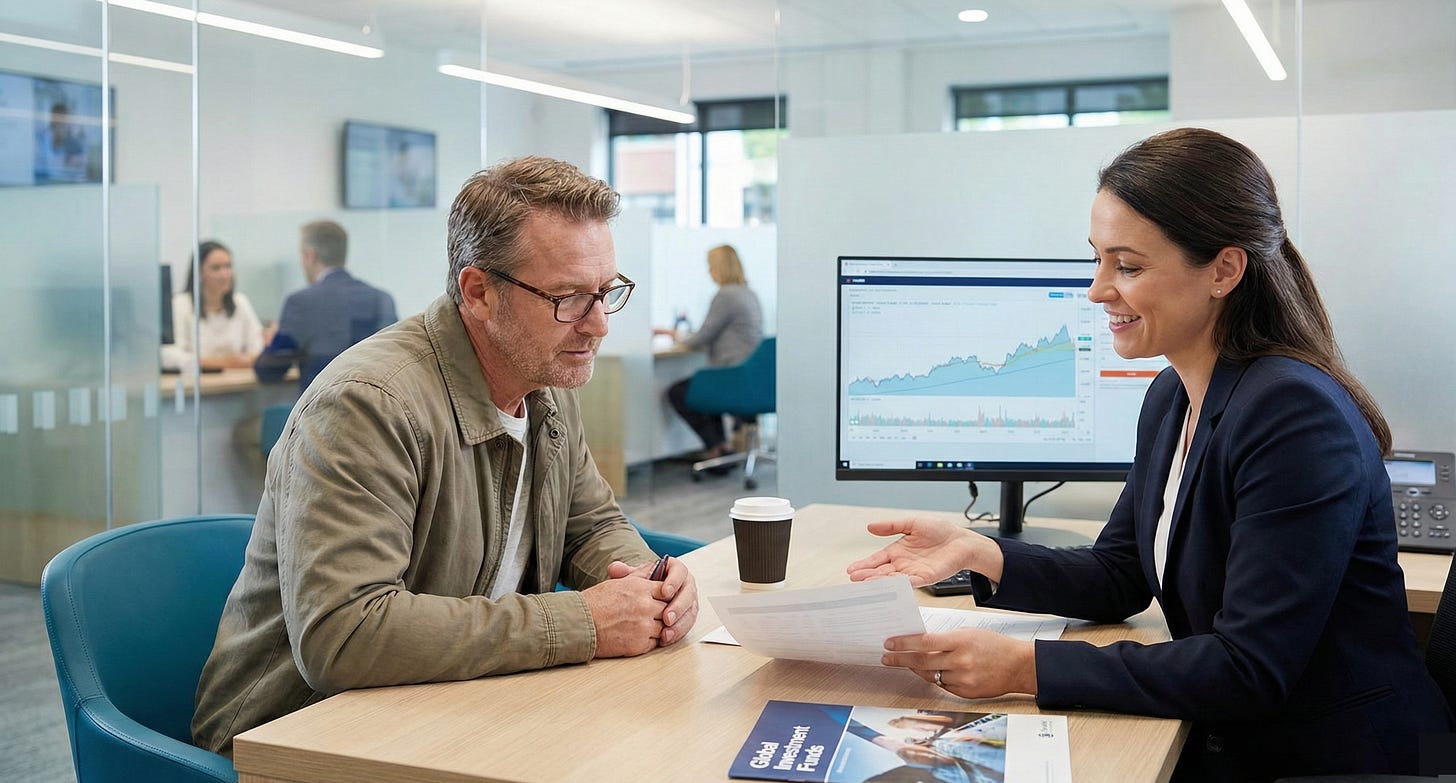 Asesora financiera de un banco ofreciendo un fondo de inversión a un cliente durante una reunión en la sucursal