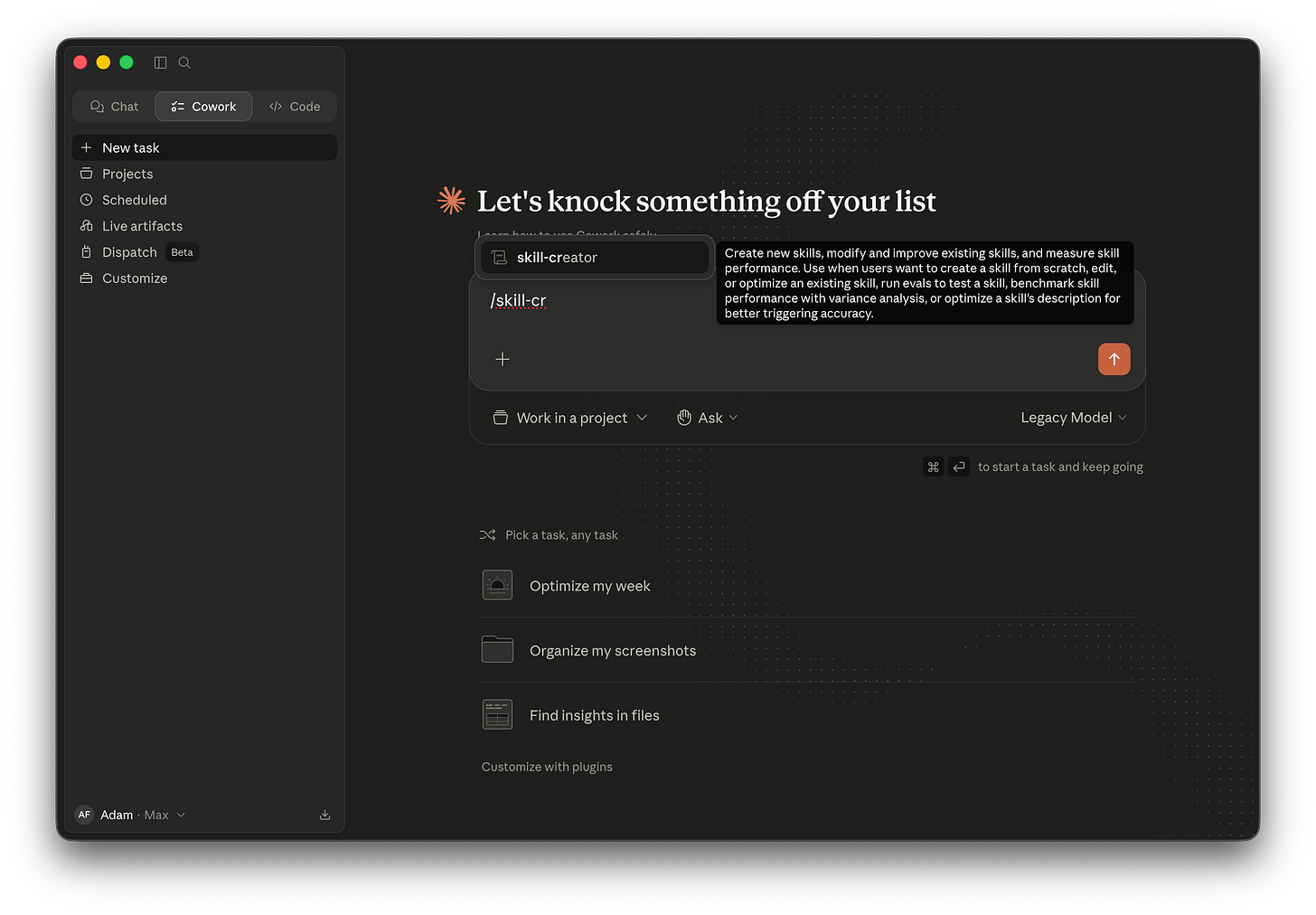 The Cowork chat input showing the autocomplete dropdown with “skill-creator” highlighted, including its description about creating new skills.