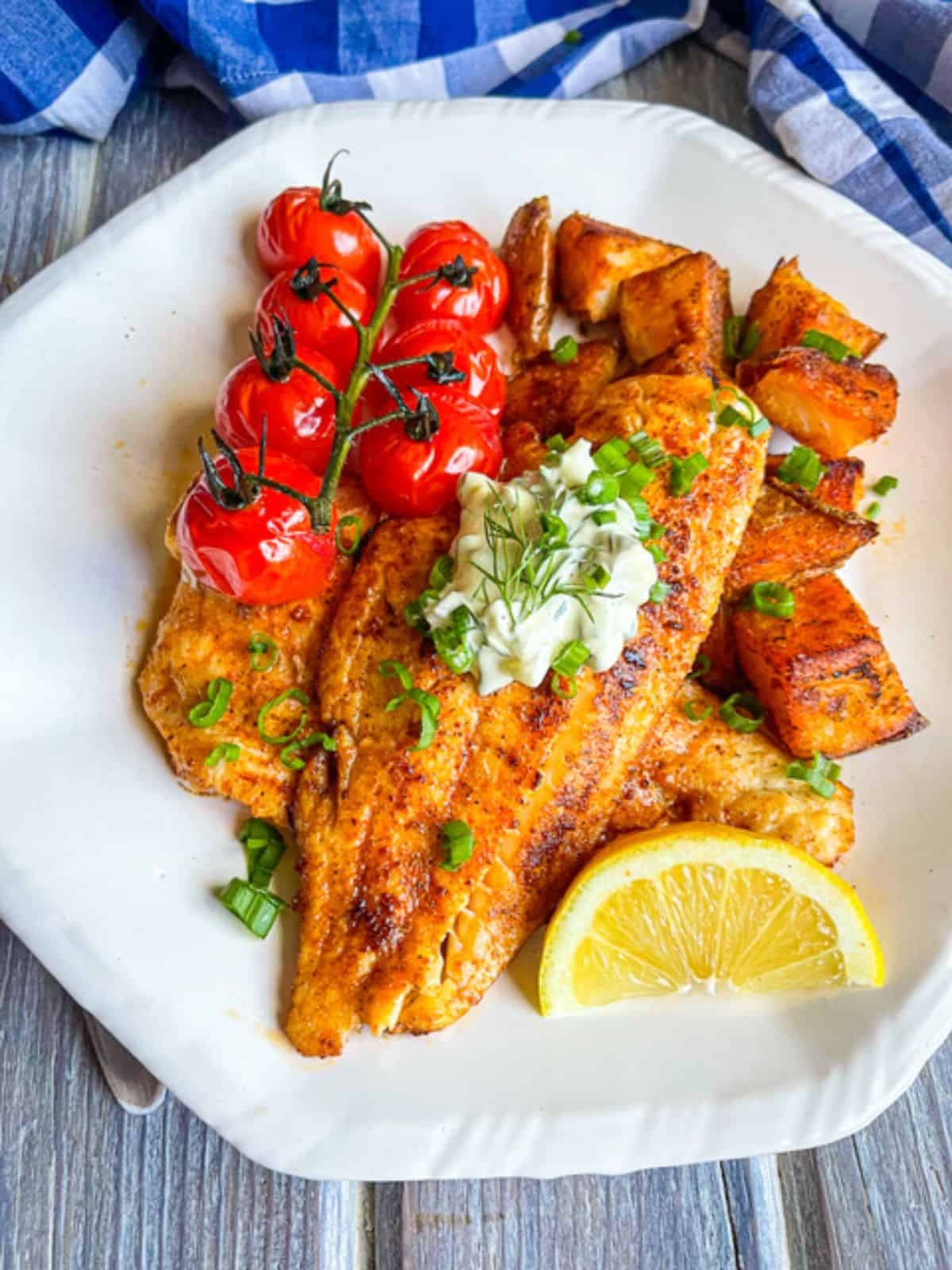 A seasoned grilled haddock with lemon slices on a white place.