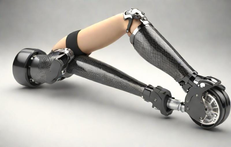 AI generated image of a leg-shaped motorcycle with one wheel