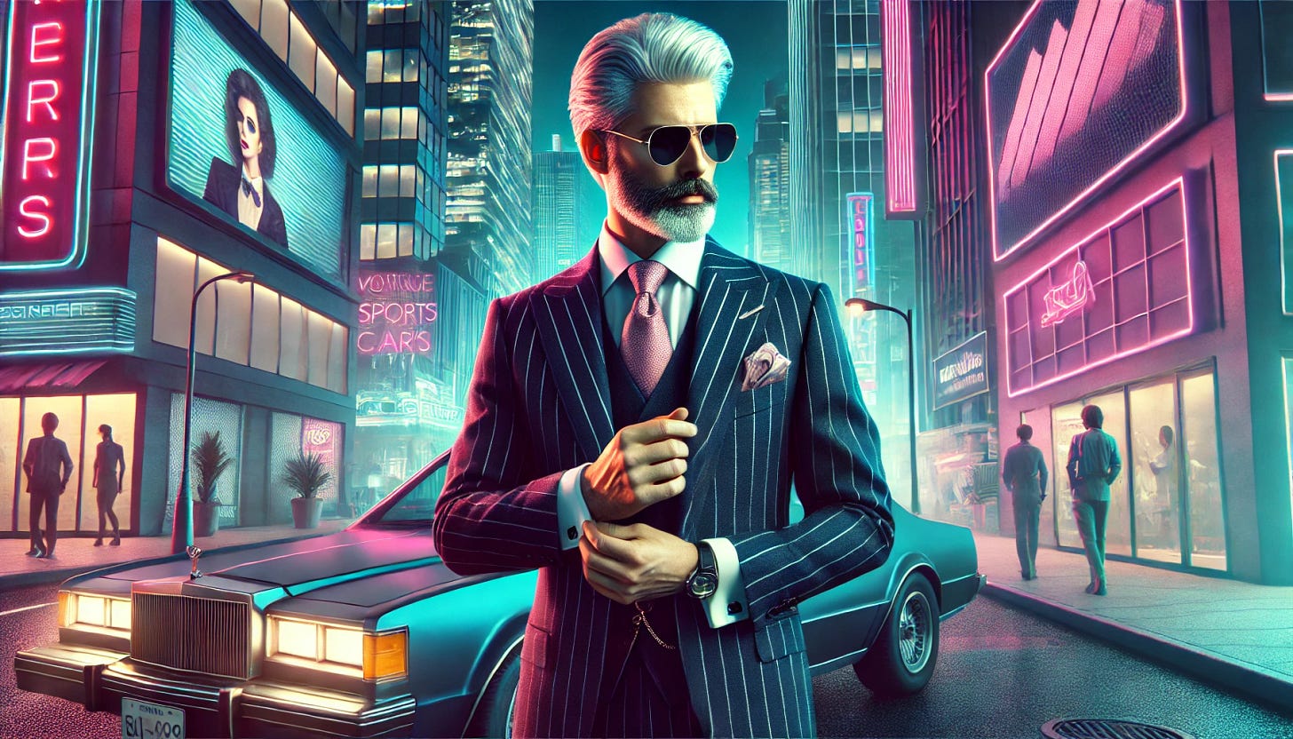 A refined yet stylish gentleman with a neatly trimmed silver beard, wearing a sharp 1980s power suit with wide lapels, a silk tie, and aviator sunglasses, stands confidently in a neon-lit cityscape. The scene is pure 80s—glowing billboards, vintage sports cars, and the hum of a synthwave soundtrack in the air. He adjusts the cuffs of his suit while leaning against a sleek, midnight-blue luxury sedan, exuding effortless cool. The city skyline is filled with towering glass buildings reflecting the neon pinks and blues of the era. The Gentleman, a blend of old-world refinement and 80s ambition, looks out over the city, embodying the spirit of the decade's excess and confidence.