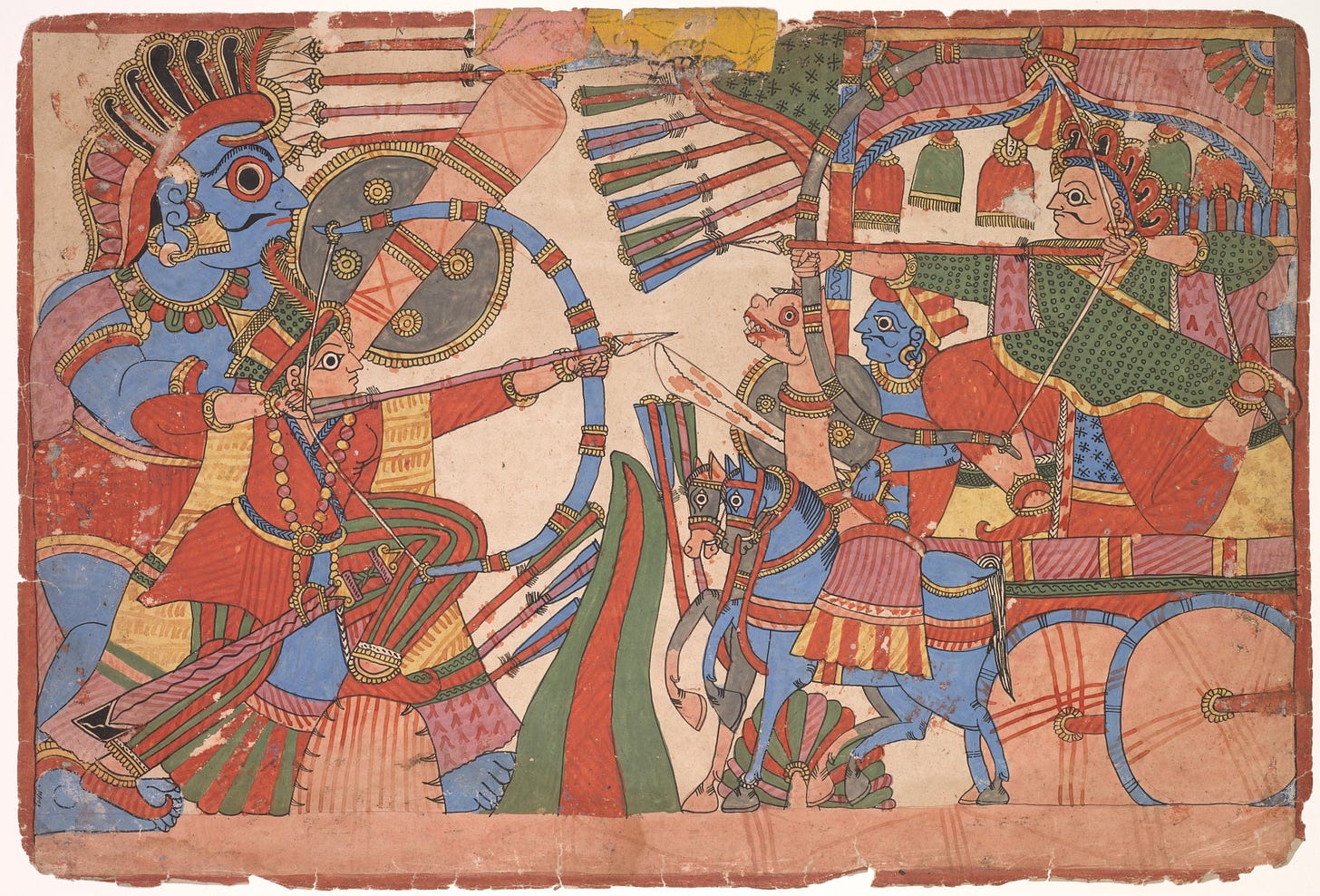 an archive image of a colourful rendition of the Mahabharata, public domain image