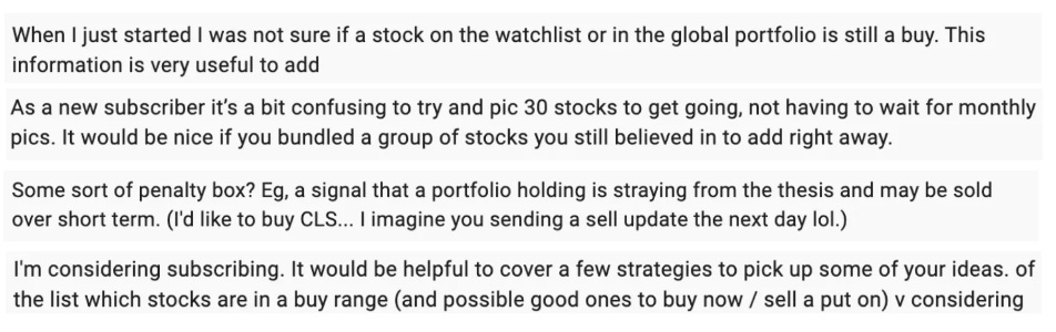 Beating The Tide subscriber survey feedback screenshot requesting clearer buy signals for watchlist and portfolio stocks, bundled starter picks for new members, and guidance on buy ranges and selling puts