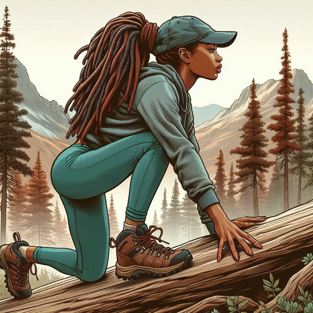 An illustrated Black woman with long locs tied back, wearing a cap, hoodie, teal leggings, and hiking boots, crouches on a fallen tree in a mountainous forest. She appears focused and determined, surrounded by tall pine trees and rugged peaks in the background.