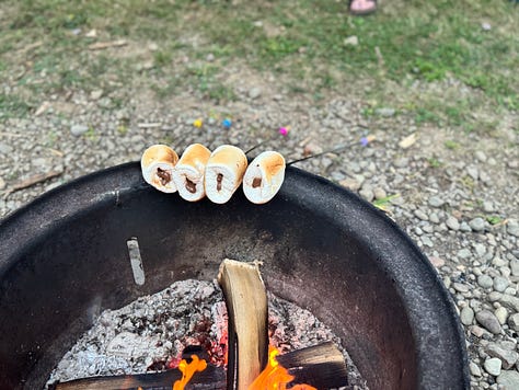 A blackstone griddle, cooking various meals, and a fire ring with marshmallows and a chocolate center