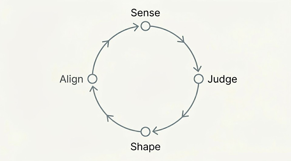 A circular loop of four nodes connected by clockwise arrows: Sense to Judge to Shape to Align, returning to Sense.