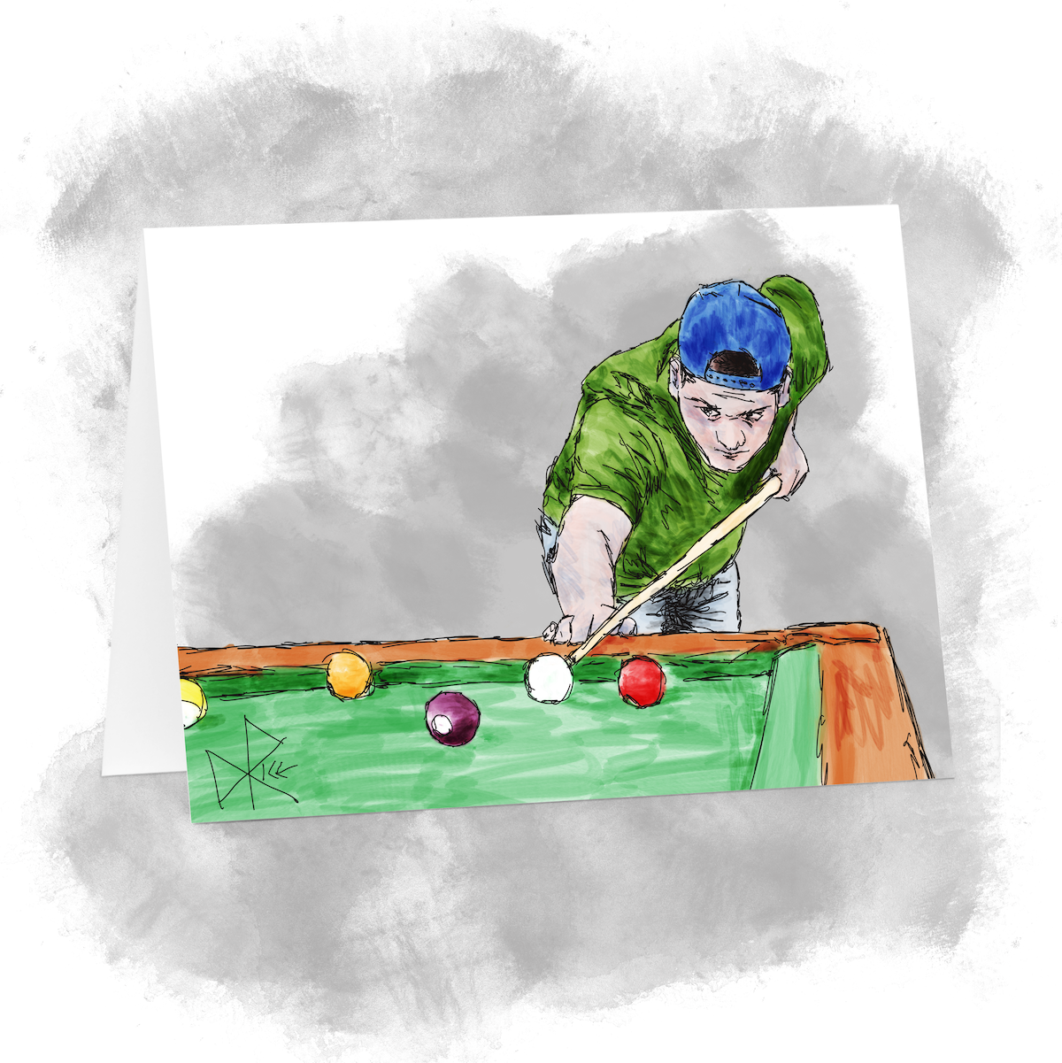 A young man leans in on the billiard table, about to take a shot. He is wearing a t-shirt and backwards trucker cap. Sketch art by Don Rice. A young man leans in on the billiard table, about to take a shot. He is wearing a t-shirt and backwards trucker cap. Sketch art by Don Rice.