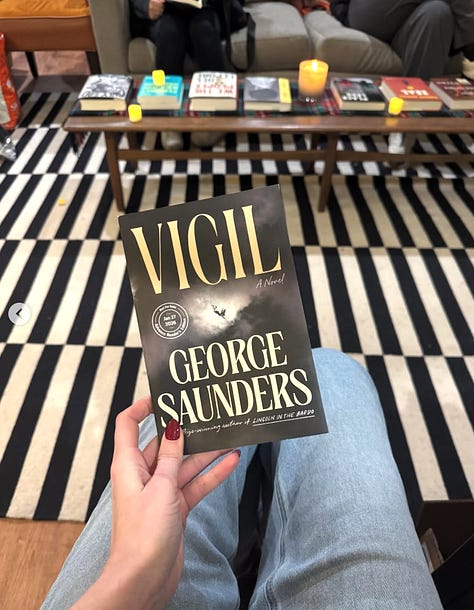 A grid of 9 images of Silent Book Club chapters reading Vigil by George Saunders 