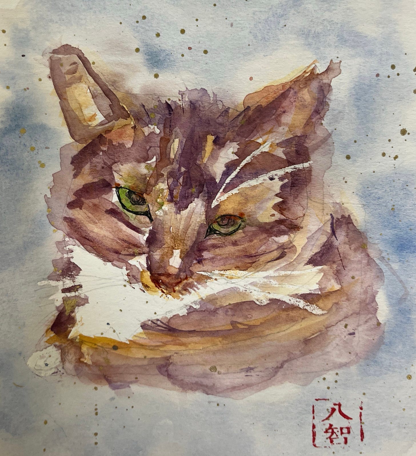 loose watercolor image of a tabby cat portrait, head tilted toward the viewer, an intent look in its eyes