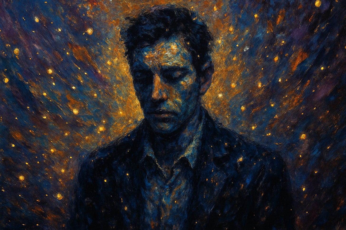 A dark, moody expressionist painting of a man with his head bowed, rendered in deep blues and golds. Sparkling, star-like flecks swirl around him in a cosmic halo, giving the sense of a tragic figure glowing inside a storm of colour and light.