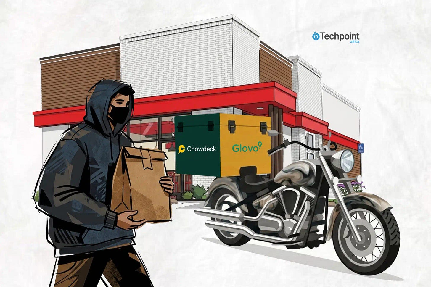 An illustration of a dispatch rider with a dispatch bike, holding a parcel |techpoint.africa An illustration of a dispatch rider with a dispatch bike, holding a parcel |techpoint.africa