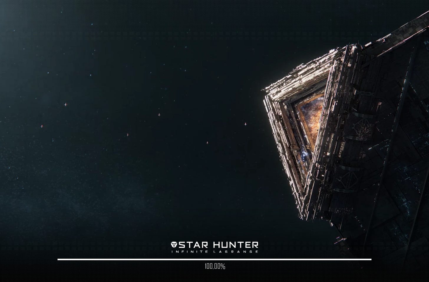 A dark outer-space scene with scattered stars and small spacecraft, dominated on the right by a massive triangular sci‑fi structure with a glowing interior. At the bottom, the logo and title “STAR HUNTER” with “INFINITE LAGRANGE” appear above a progress bar reading “100.00%.”