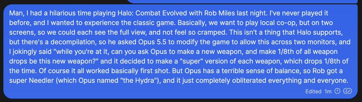 Blue message bubble describing Halo co-op modding story.