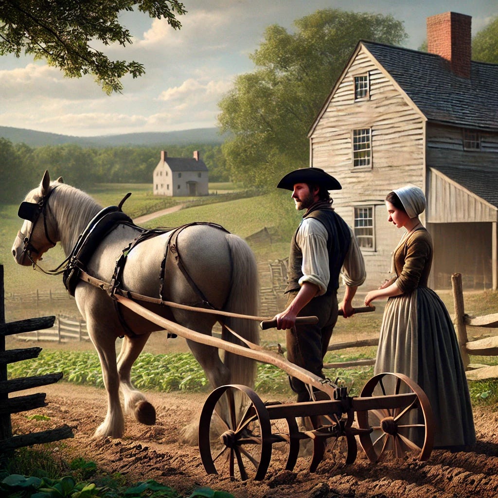 A photorealistic scene of a colonial-era farm featuring one farmer and his wife. The farmer is operating a wooden plow pulled by a horse, while his wife stands nearby, perhaps holding a basket or observing his work. Both are dressed in simple, rugged colonial clothing typical of the 1700s, with the farmer in a hat and the wife wearing a bonnet. The landscape is rural, with a rustic wooden fence, open fields, and a small farmhouse in the distance. The mood captures the simplicity and hard work of colonial life, with natural sunlight casting soft shadows over the scene.