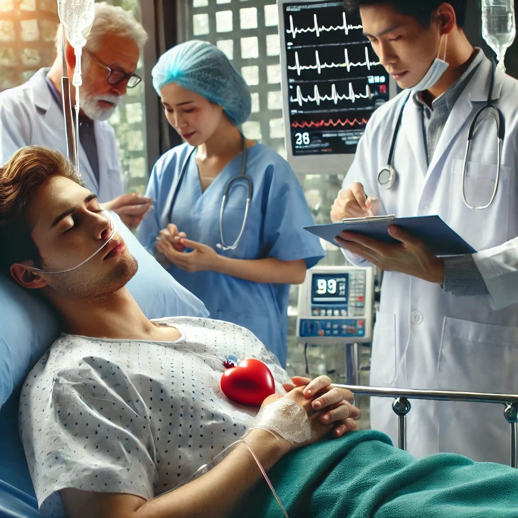 A patient with acute heart failure receiving intensive treatment in a hospital setting. The scene shows doctors and nurses actively administering medication and monitoring the patient, who looks more comfortable and relieved. The background includes medical equipment and heart health charts. The atmosphere is one of care, professionalism, and hope.