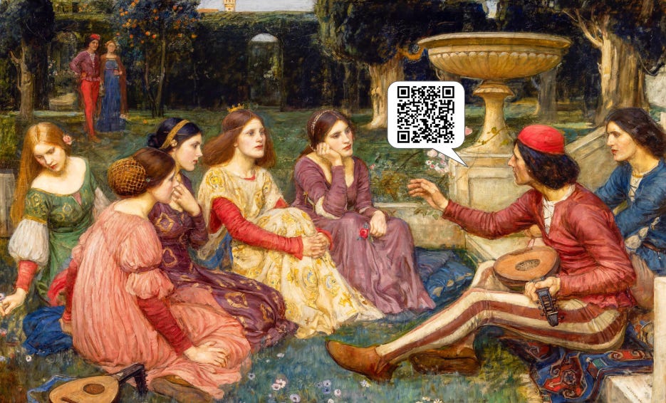 An image of John William Waterhouse's 1916 oil painting, "A Tale from the Decameron." The scene depicts a group of ten young people—seven women and three men—dressed in elegant Renaissance-style robes, gathered in a lush, flowering garden. On the right, a man in a vibrant red tunic sits on stone steps, gesturing as he tells a story to the others who listen intently while lounging on the grass. The background features classical Italian architecture and tall cypress trees under a soft sky. There is a QR code in the middle for people to access a story from a participant in The Unprecedented Project.