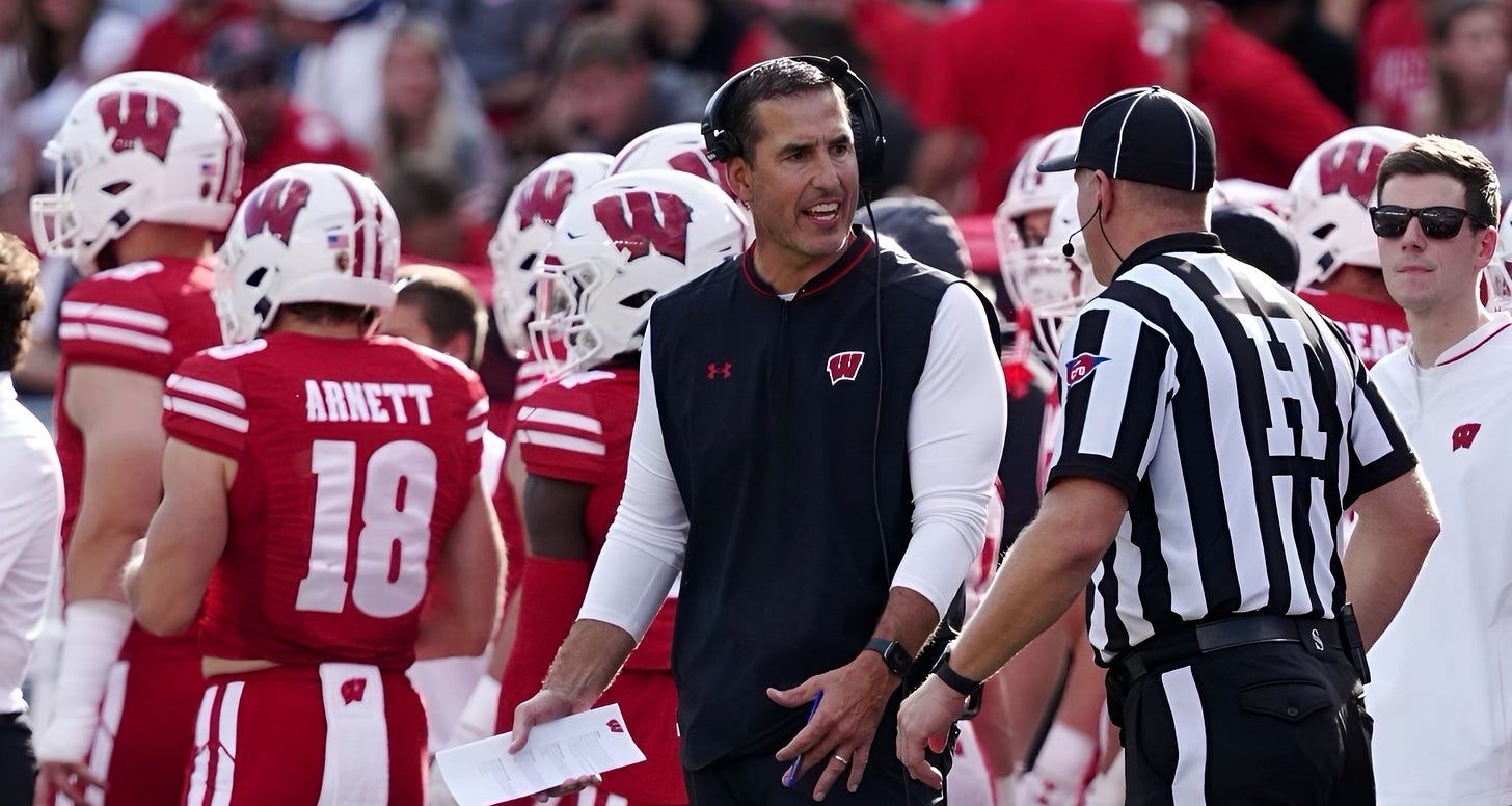 Luke Fickell gestures toward an official on the sideline during Wisconsin’s game against Ohio State. Luke Fickell gestures toward an official on the sideline during Wisconsin’s game against Ohio State.