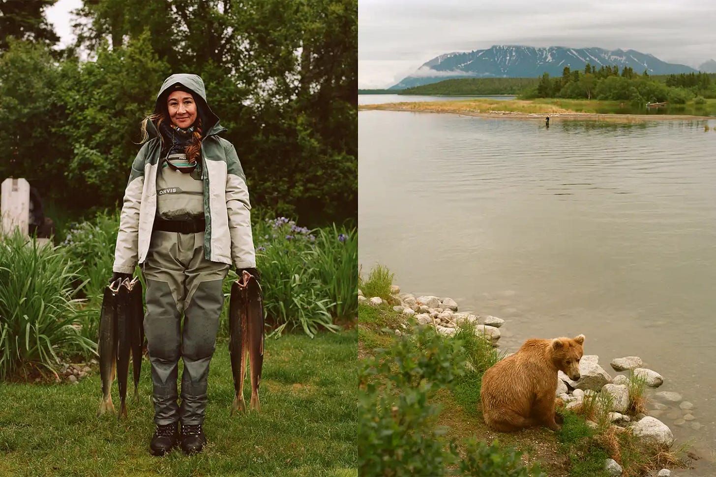 A woman holding salmon stands outdoors a brown bear sits by a lake in a natural landscape A woman holding salmon stands outdoors a brown bear sits by a lake in a natural landscape