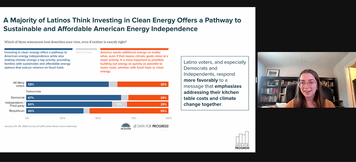 DFP’s Grace Adcox presents during a Climate Power En Acción briefing.