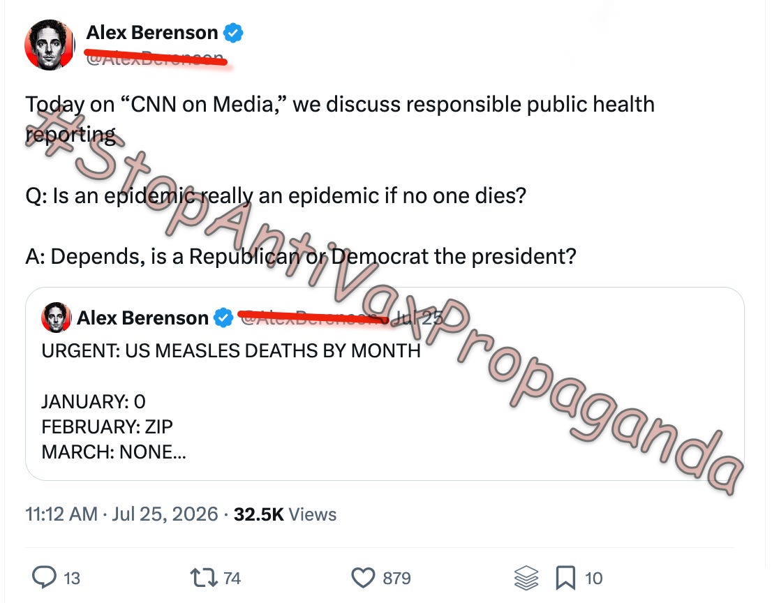 These posts by Alex Berenson about the lack of measles deaths this year will not age well! Something you should see on CNN and other mainstream media…