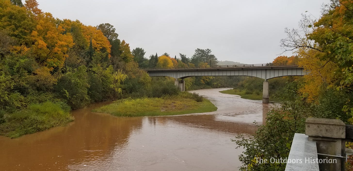 The banks of a river draped in vibrant colors with a highway bridge spanning the river.