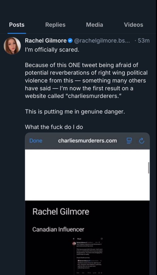 A screenshot of a Twitter post by Rachel Gilmore. The post includes her profile picture, a photo of a woman, and text stating she is scared due to online threats. The text mentions charliemurderers.com and includes a link. Below the post, a reply from Aesthetica (@Anc_Aesthetics) is visible with text criticizing Rachel Gilmore.