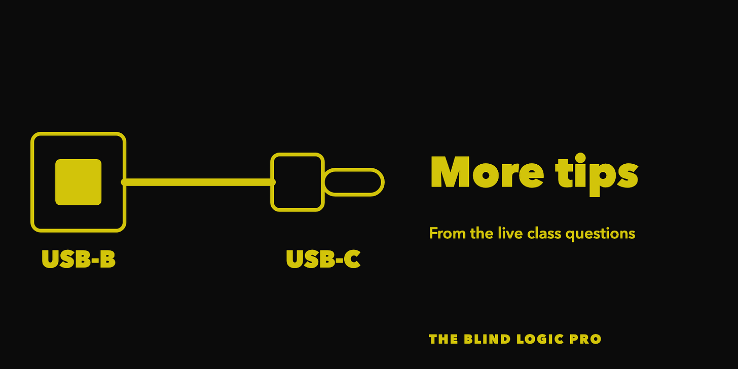 A cable joining a square USB-B plug to a slim USB-C plug, both labeled, with the text More tips, From the live class questions. A cable joining a square USB-B plug to a slim USB-C plug, both labeled, with the text More tips, From the live class questions.