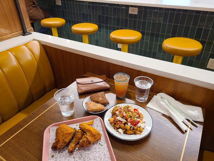 Honeymoon Chicken Crispy Fried Chicken, Hot Honey Cauliflower, Arnold Palmer, hand pies