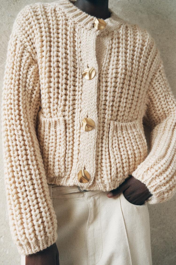 Zara CHUNKY KNIT CARDIGAN - Ecru - Image 3