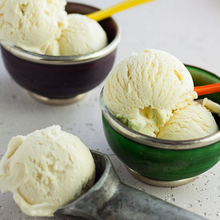 four homemade ice creams, strawberry, stem ginger, basil and blackcurrant.