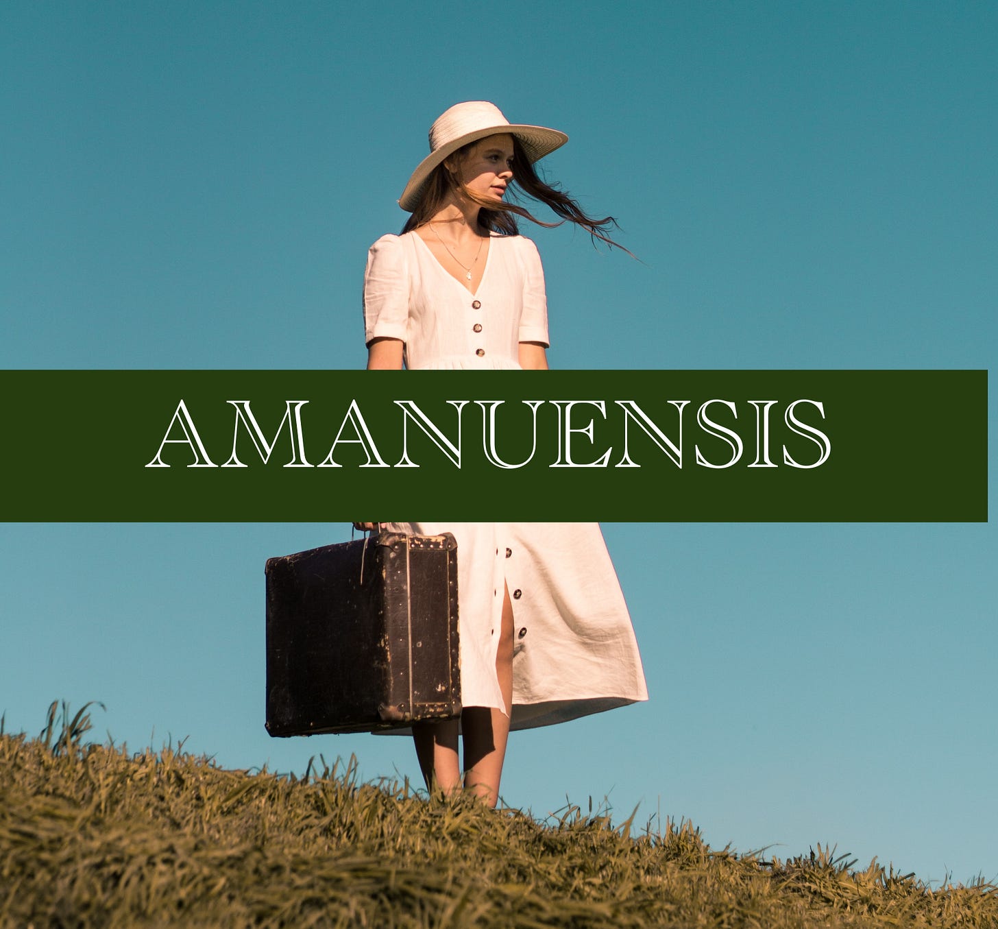 Woman in cream colored dress and wide brimmed hat holding an old suitcase Woman in cream colored dress and wide brimmed hat holding an old suitcase