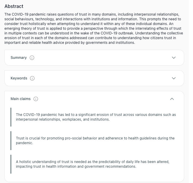PaperDigest Abstract View Main Claims Paper abstract page with the Main claims section expanded, showing a list of extracted claims beneath the abstract.