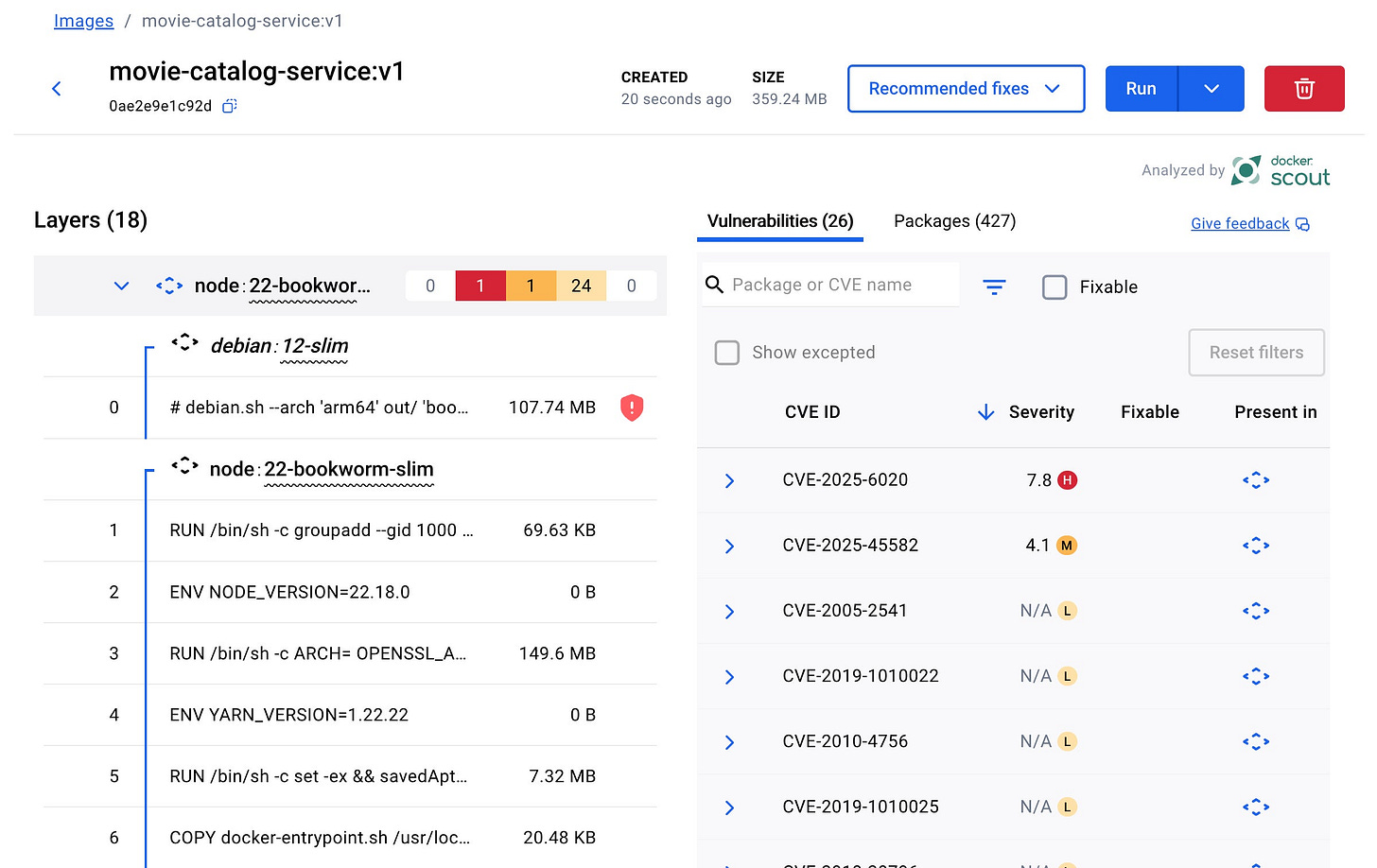 Image layers and CVEs view in Docker Desktop for node:22 based movie-catalog-service image