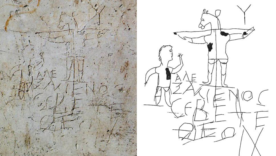 The Alaxemenos Graffito, one of the earliest depictions of Jesus. The  graffiti shows Jesus on a cross with a donkey's head, with the inscription "Alexamenos  worships [his] god," apparently meant to insult