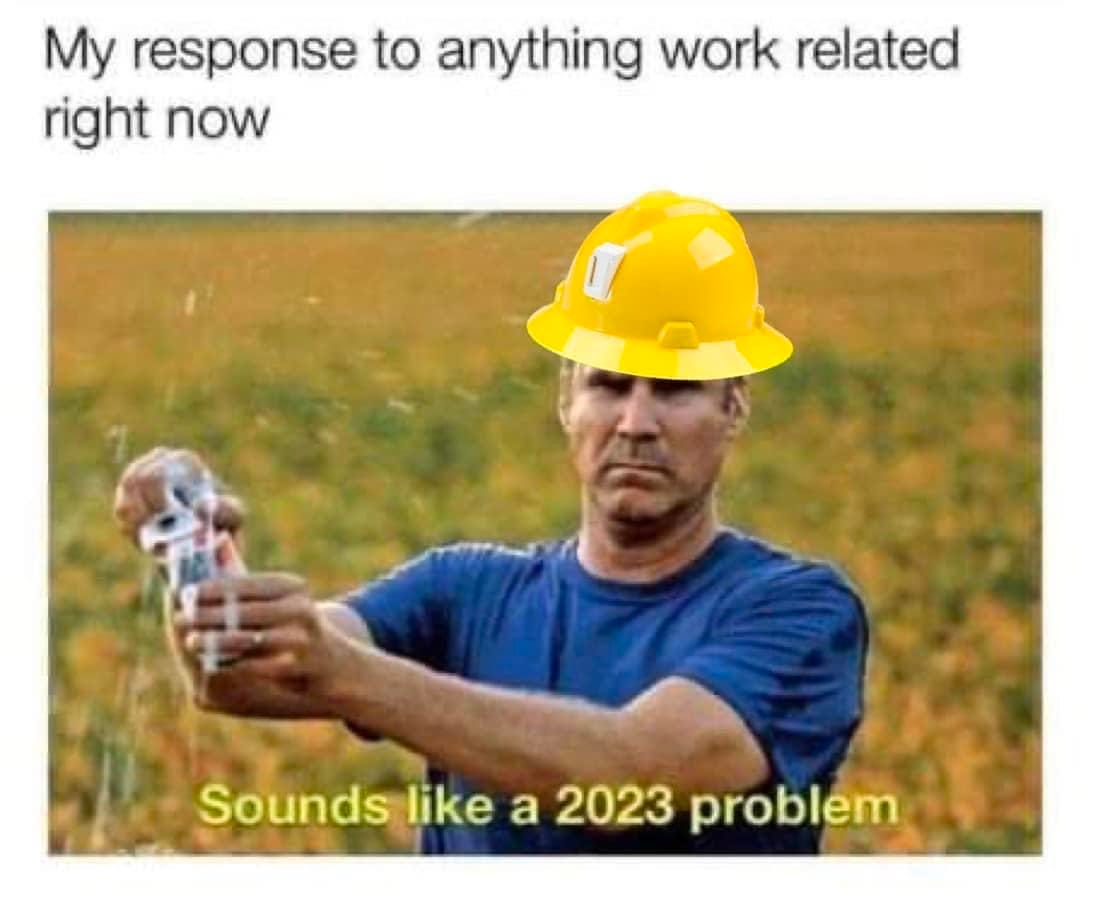 May be an image of 1 person and text that says 'My response to anything work related right now Sounds like Su2023problem a 2023'