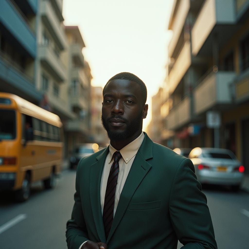 Expert real estate agent in a modern, vibrant Jamaican cityscape, shot on 35mm film with a v-raptor XL, cinematic lighting, rich film grain, intense vignette, and meticulous color grading, inspiring a sense of grandeur, with a slight depth of field, capturing the city's energetic atmosphere, reminiscent of the impactful, dramatic styles of cinematographers like Emmanuel Lubezki and Roger Deakins, infused with the vivid, atmospheric aesthetic of photographers like Steve McCurry and Jimmy Chin.