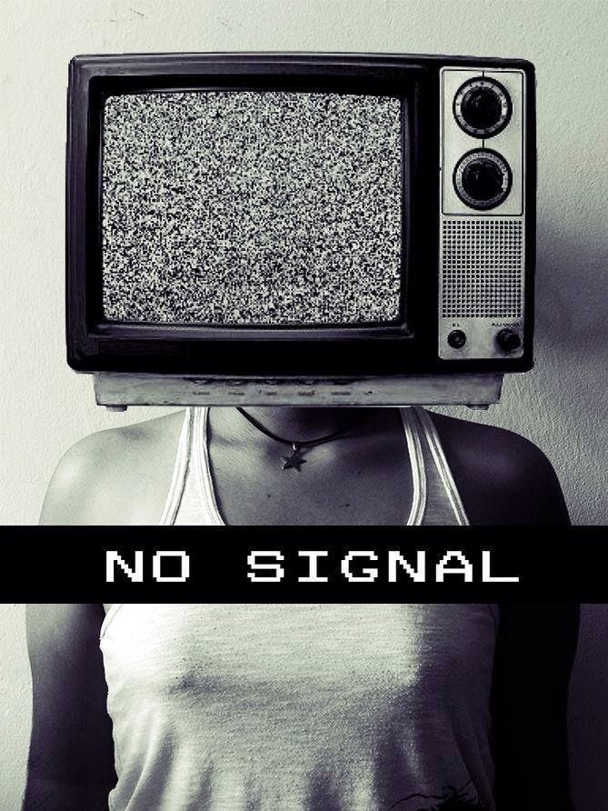 This may contain: a woman wearing a tank top with an old tv on her head that says no signal