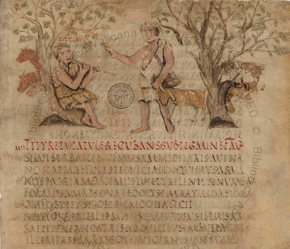 Image of a manuscript. Above the text is an illustration of two herdsmen, with animals. One herdsman sits under a tree playing a pipe.