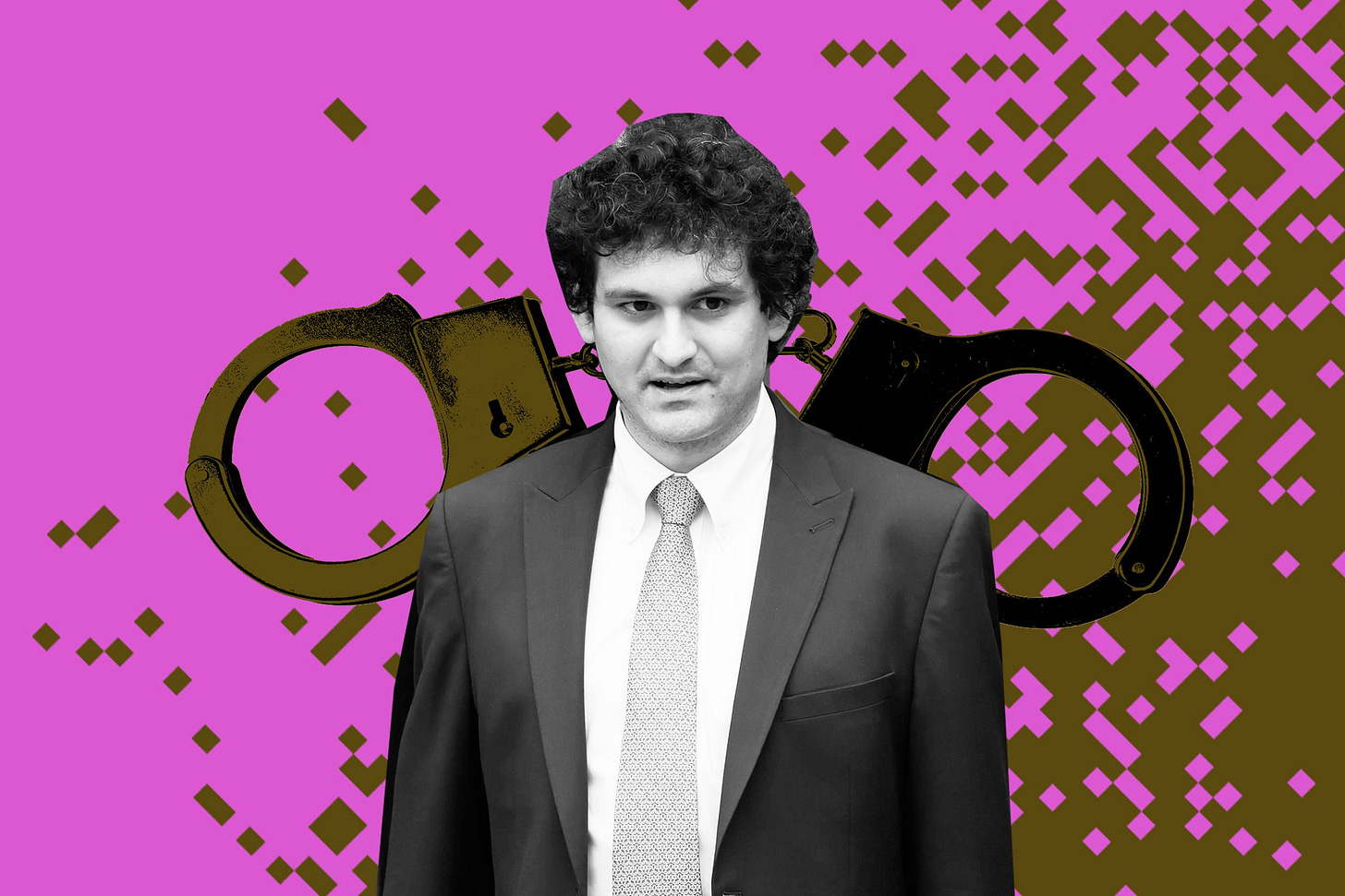 Photo illustration of Sam Bankman Fried on a background of pixels and handcuffs.