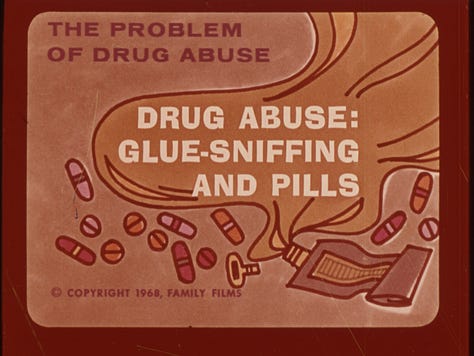 A series of gorgeous illustrations from the 1968 “Drug Abuse: Glue-Sniffing and Pills”