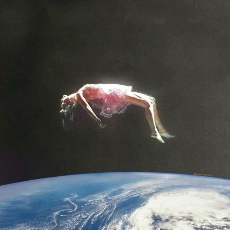 This may contain: a man falling off the side of a space shuttle in front of an earth background