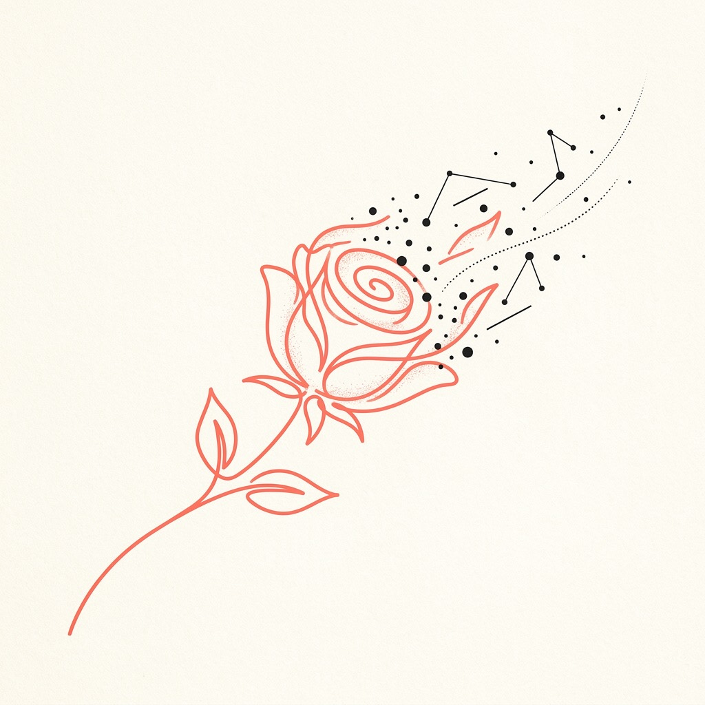 A coral line-drawn rose whose petals dissolve into black dots and a small network of connected points, representing what automation can erase from work: the craft and understanding behind the result. A coral line-drawn rose whose petals dissolve into black dots and a small network of connected points, representing what automation can erase from work: the craft and understanding behind the result.