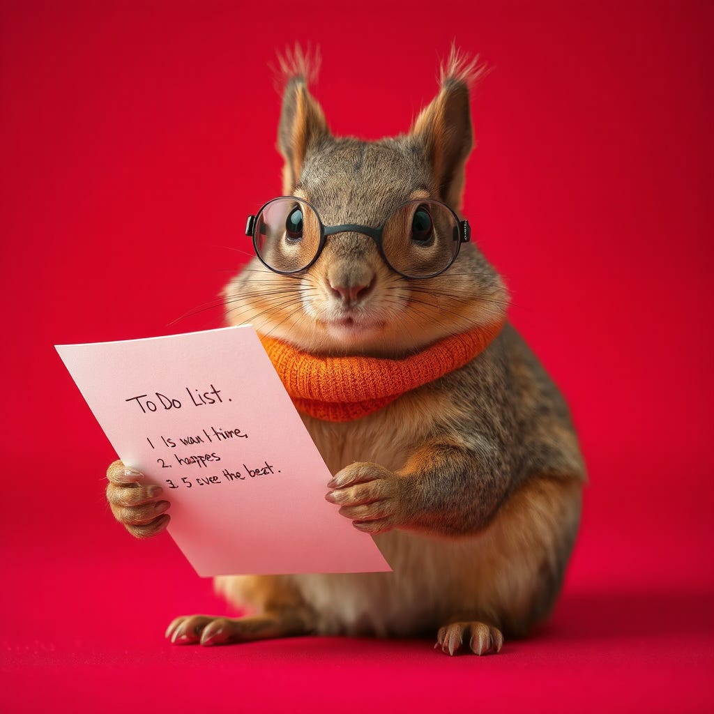 Portrait of a beautiful squirrel wearing vivid colored clothes, holding and writing on a TO-Do list, isolated on a vivid contrasting  bright burgundy background with space. High-quality
