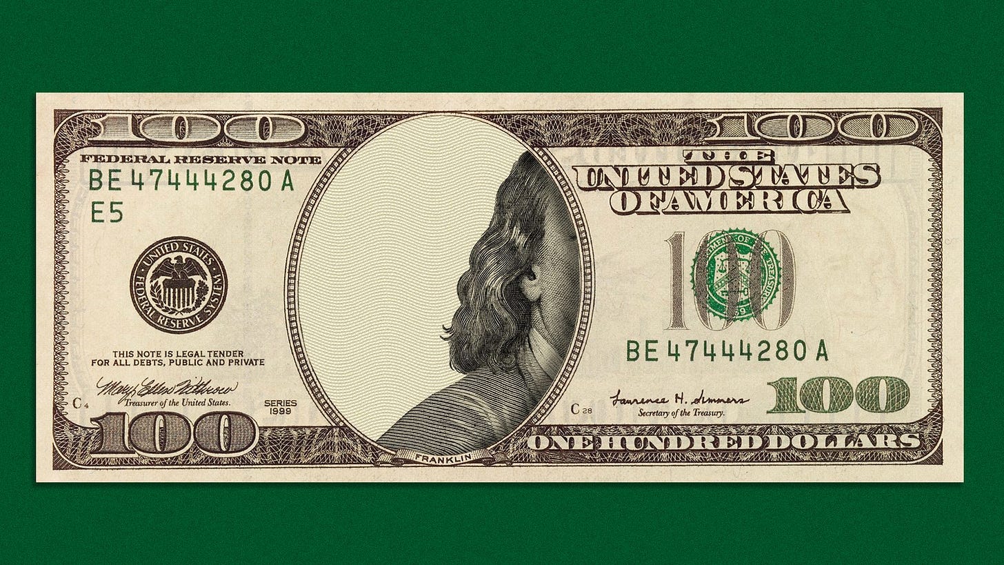 Illustration of Benjamin Franklin exiting the frame of the one hundred dollar bill.