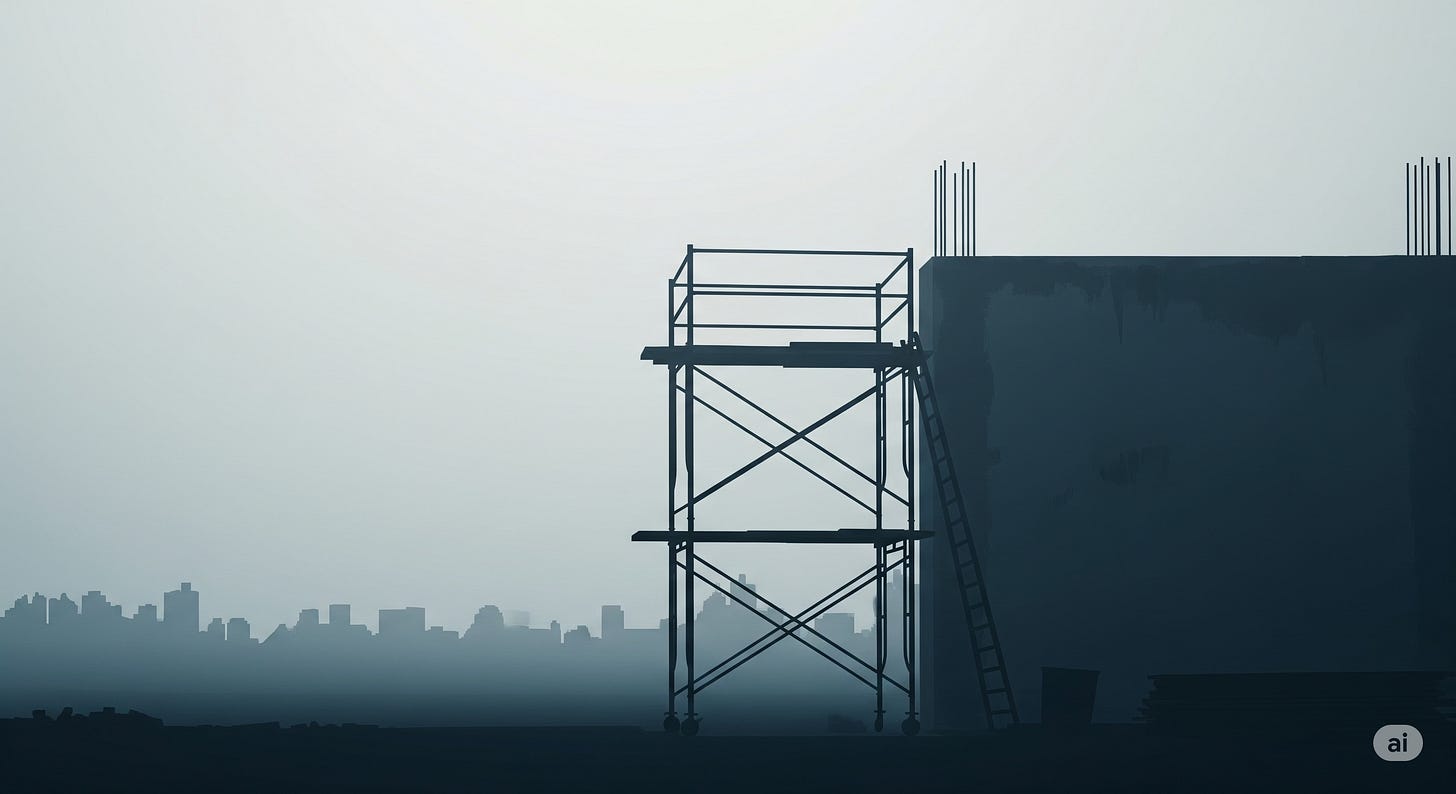 An empty metal scaffold stands beside an unfinished concrete wall, with rebar protruding from the top. The city skyline fades in the distance under a hazy, overcast sky. No workers are present. The scene is quiet, still, and slightly desaturated. An empty metal scaffold stands beside an unfinished concrete wall, with rebar protruding from the top. The city skyline fades in the distance under a hazy, overcast sky. No workers are present. The scene is quiet, still, and slightly desaturated.