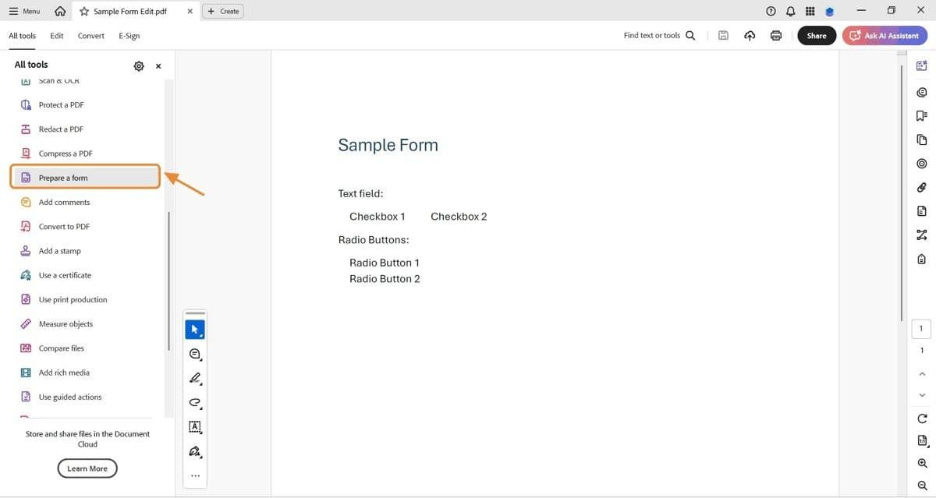 Screenshot of Adobe Acrobat Pro showing the “Prepare a form” tool highlighted in the left toolbar with an orange box and arrow. The screen displays a sample PDF form containing text fields, checkboxes, and radio buttons under the heading “Sample Form.”